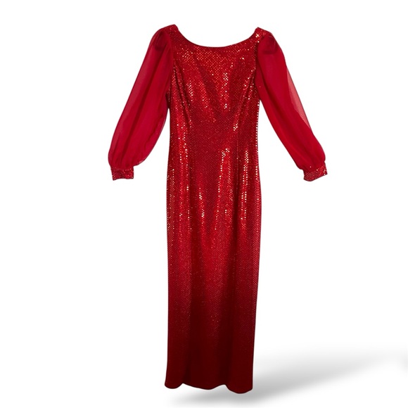 🎃Red Sequin Backless Lined Dress + Sheer Sleeve ~ Costume to Cocktails ~ Perfect - Picture 1 of 12